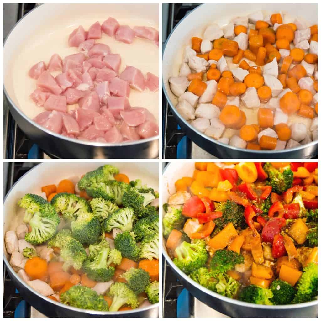 Step by step directions for making a Whole30 chicken stir fry in a frying pan.