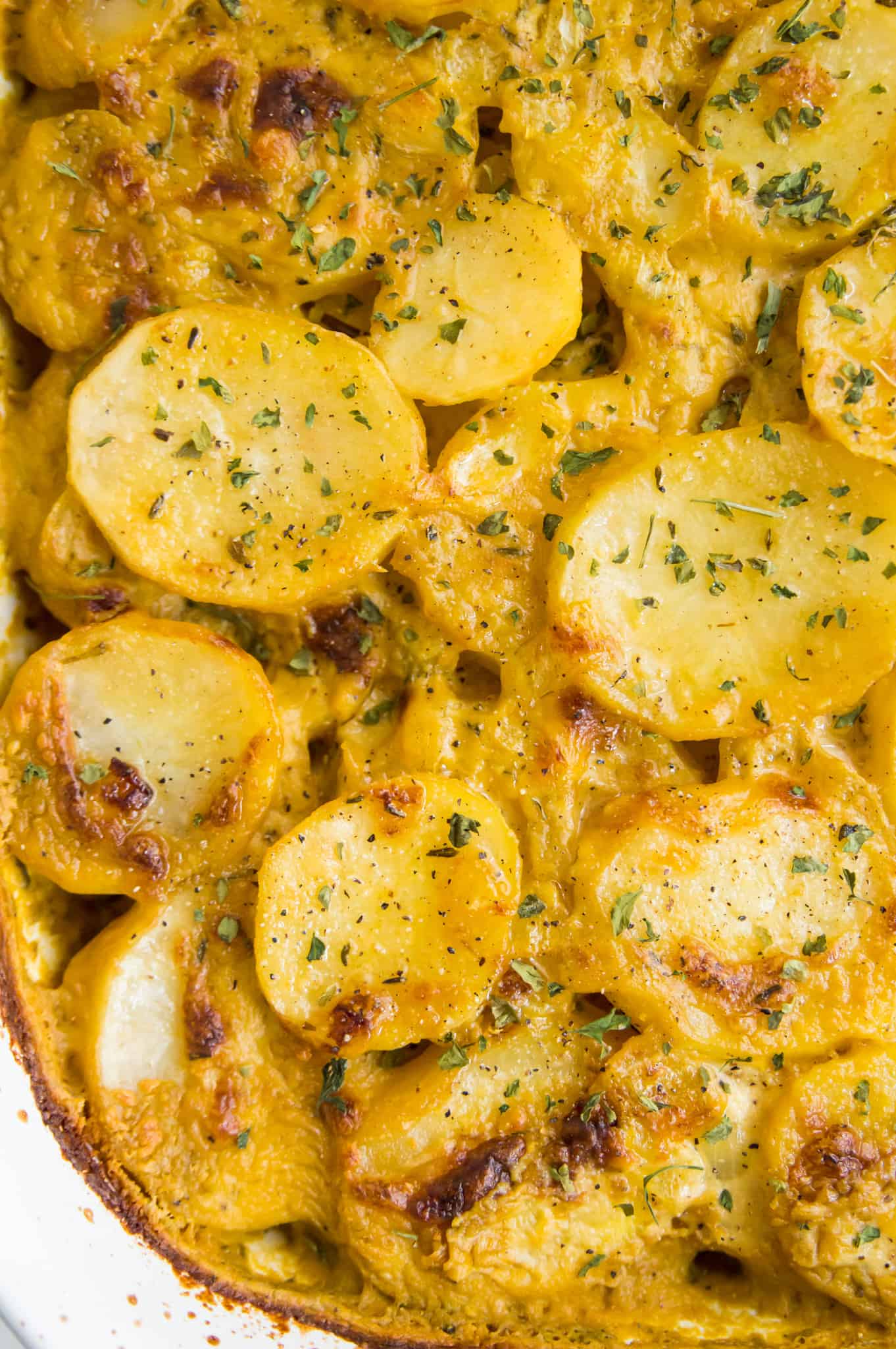 A baking dish filled with vegan scalloped potatoes with fresh herbs as garnish.