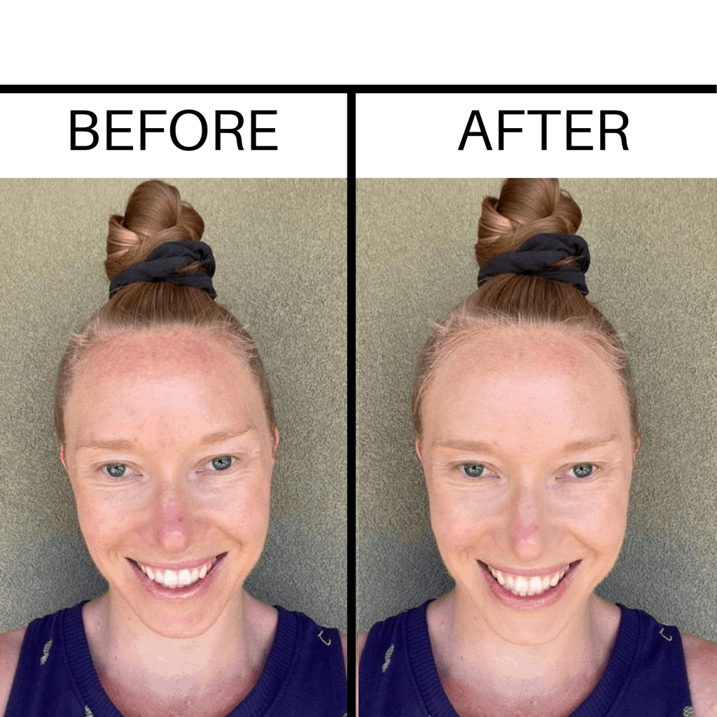 A before and after photo of a girl wearing Beautycounter foundation