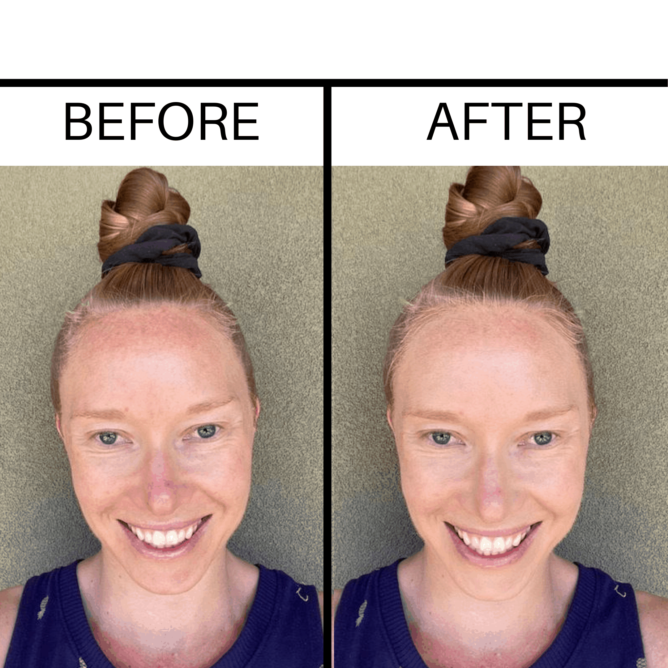 A before and after photo of Erin Carter wearing the Beautycounter foundation.