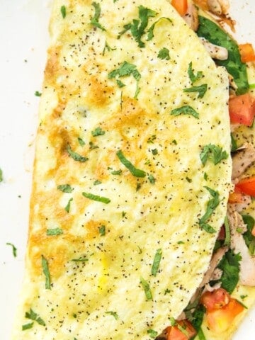 An omelette with chicken, spinach, tomato and cheese in it on a plate.