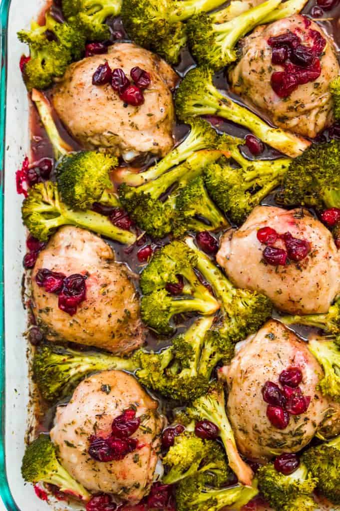 A pan of cranberry maple chicken filled with broccoli