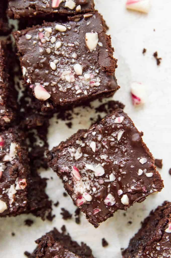 Paleo peppermint brownies topped with crushed candy canes.