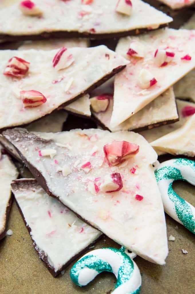 A pile of vegan and paleo peppermint bark. 