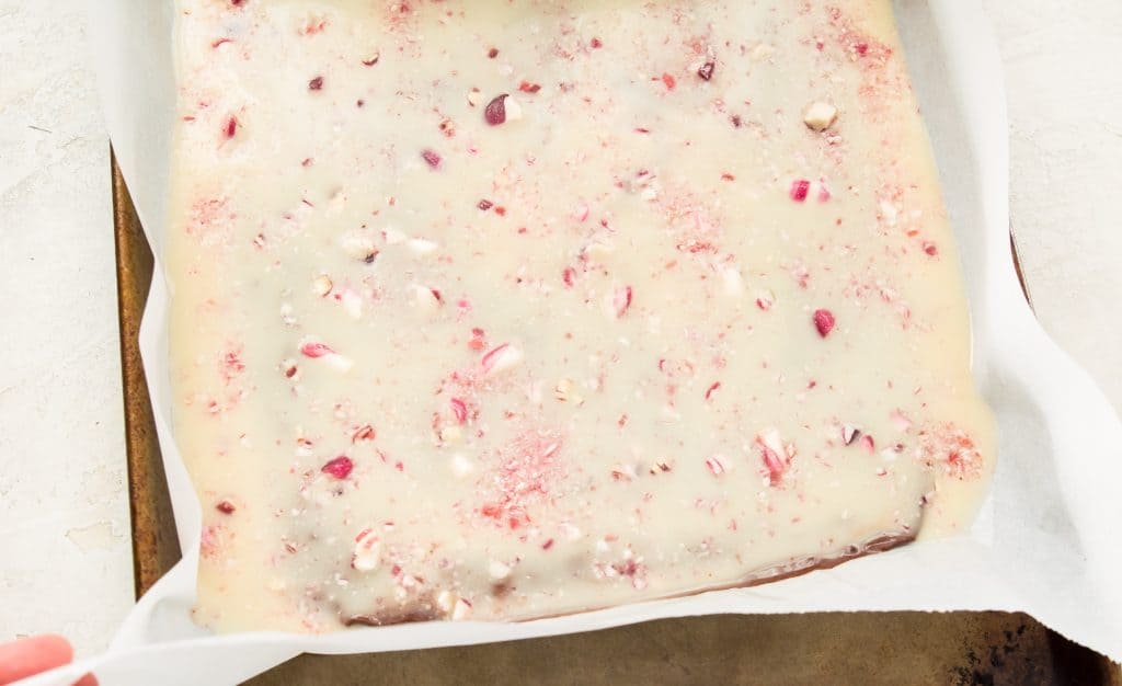Melted white chocolate with crushed candy canes sprinkled on it.