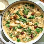 A pan filled with a creamy chicken Alfredo topped with spinach and chopped black olives.