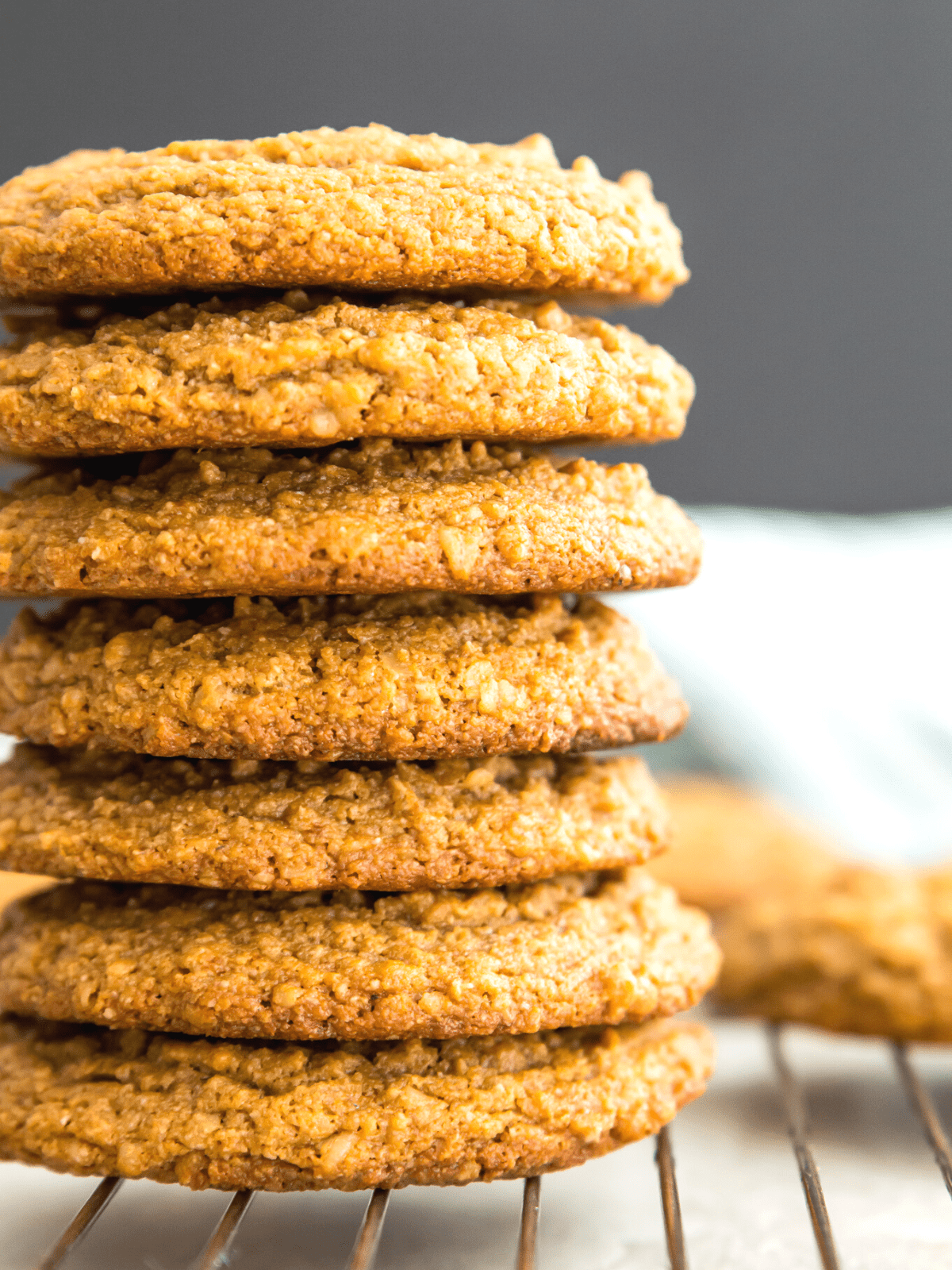 A stack of vegan peanut butter oatmeal cookies.