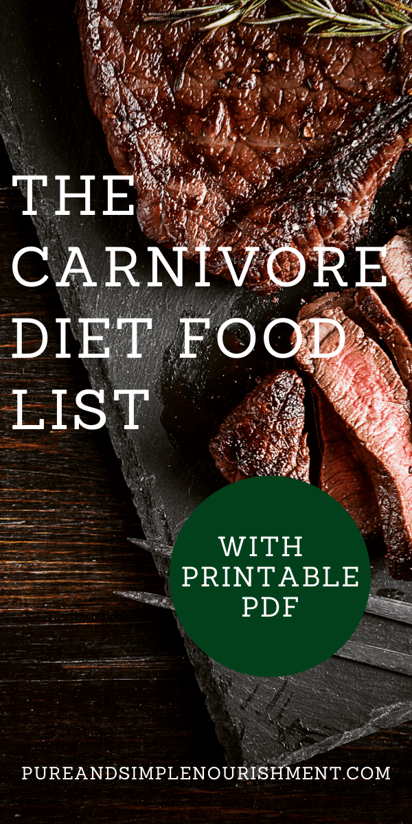 A piece of steak on a cutting board with the title "the carnivore diet food list" over top.