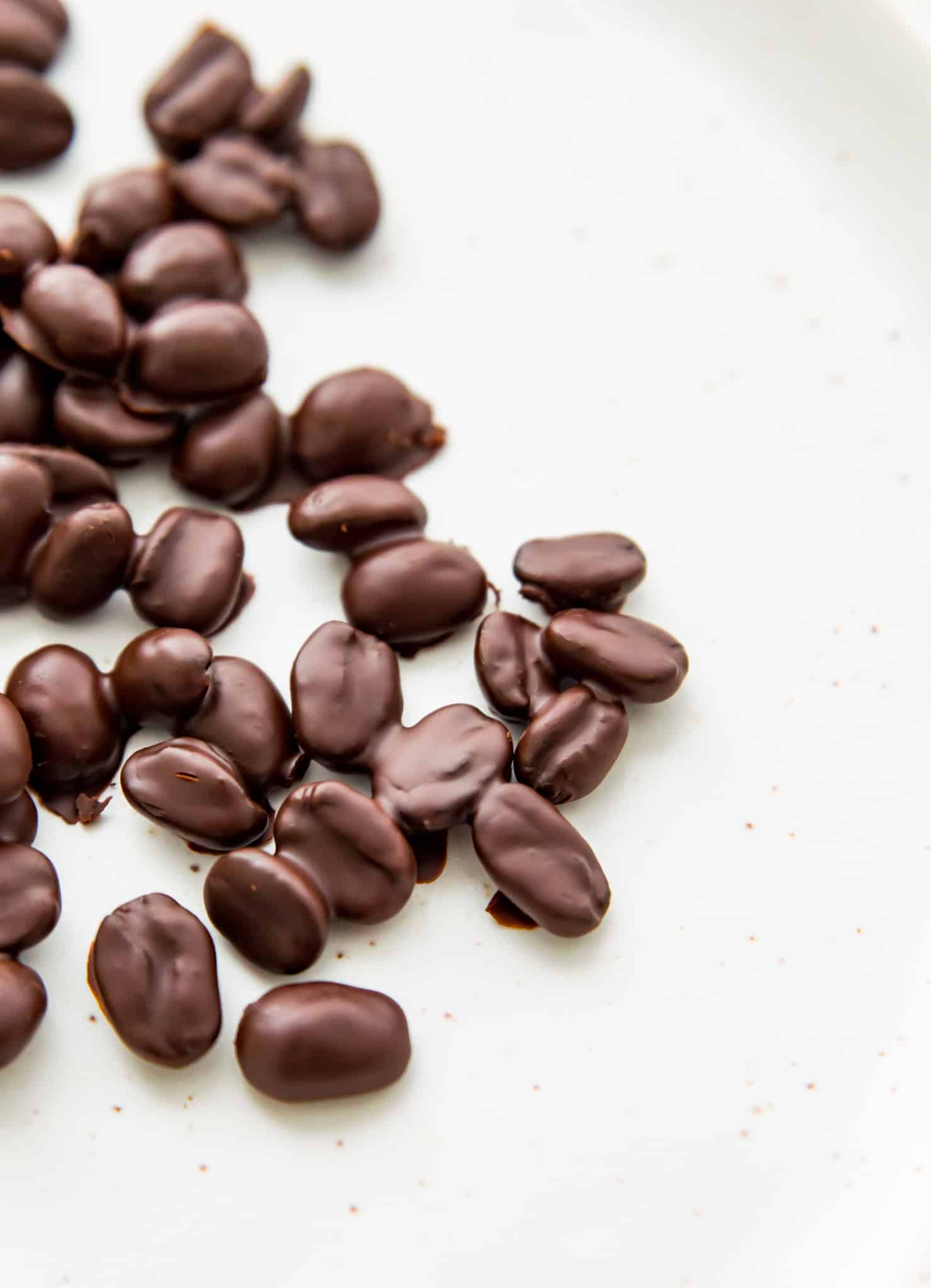 A plate with chocolate covered espresso beans on it.