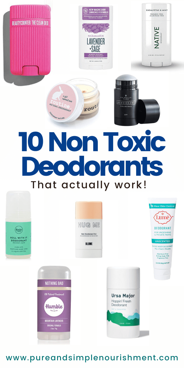 A collage of non toxic deodorants brands with 10 different deodorants pictured. 