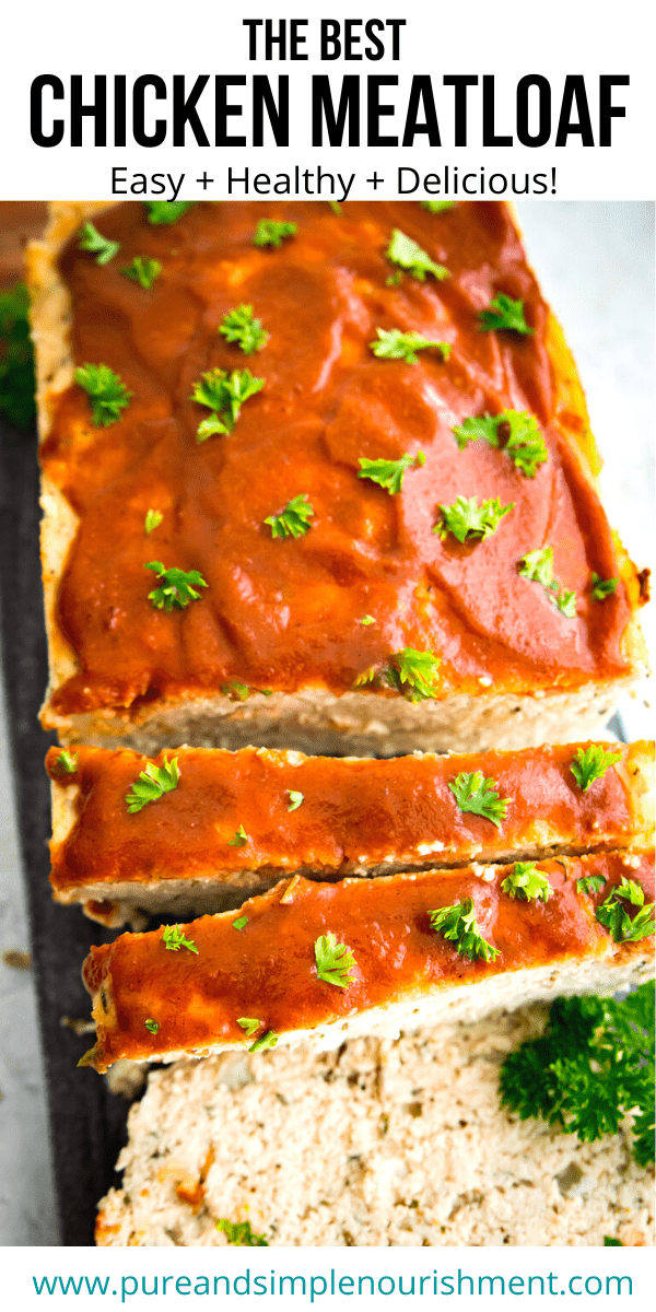 A plate of cut chicken meatloaf garnished with parsley