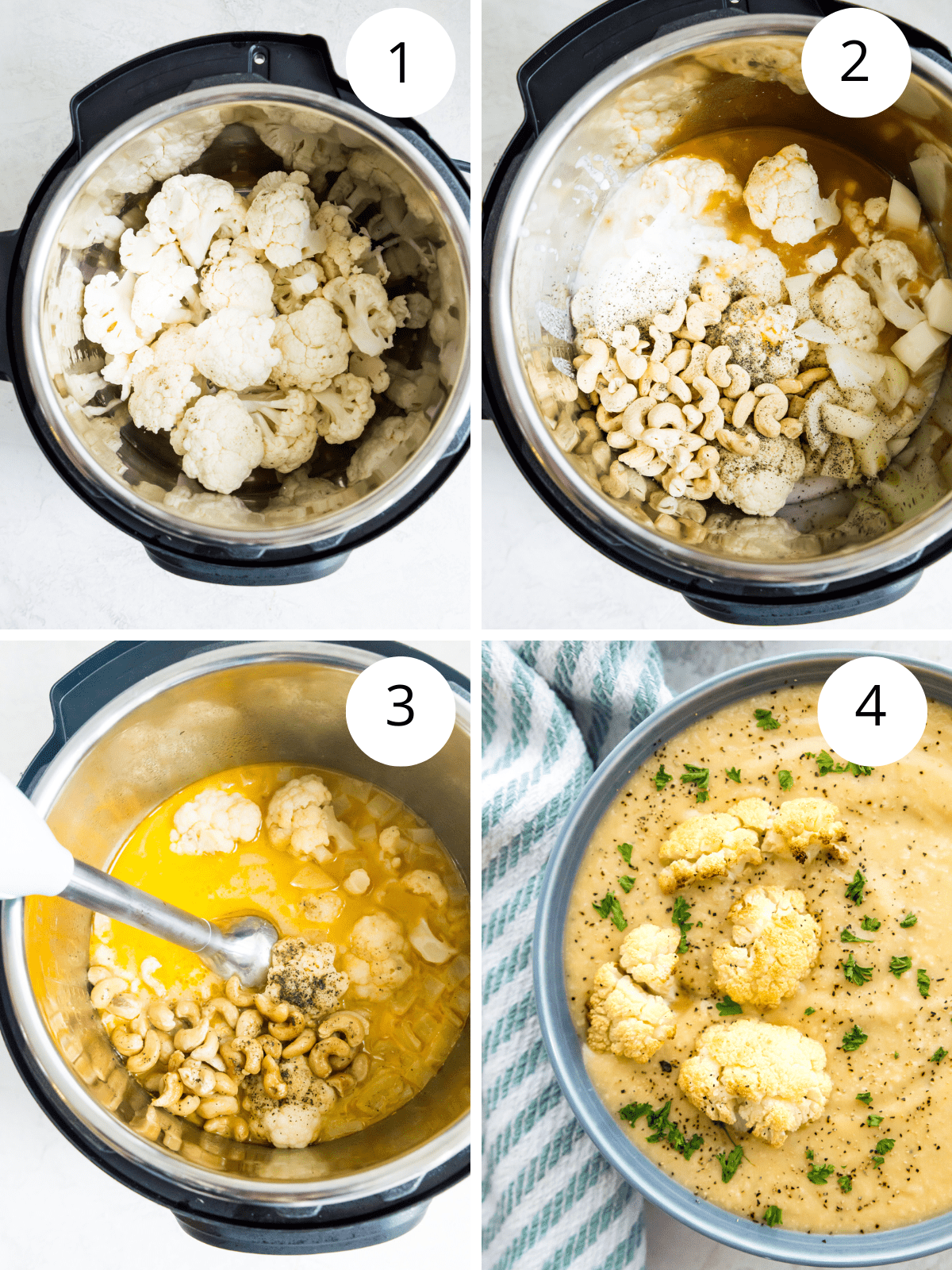 Step by step directions for making cauliflower soup in an Instant Pot.