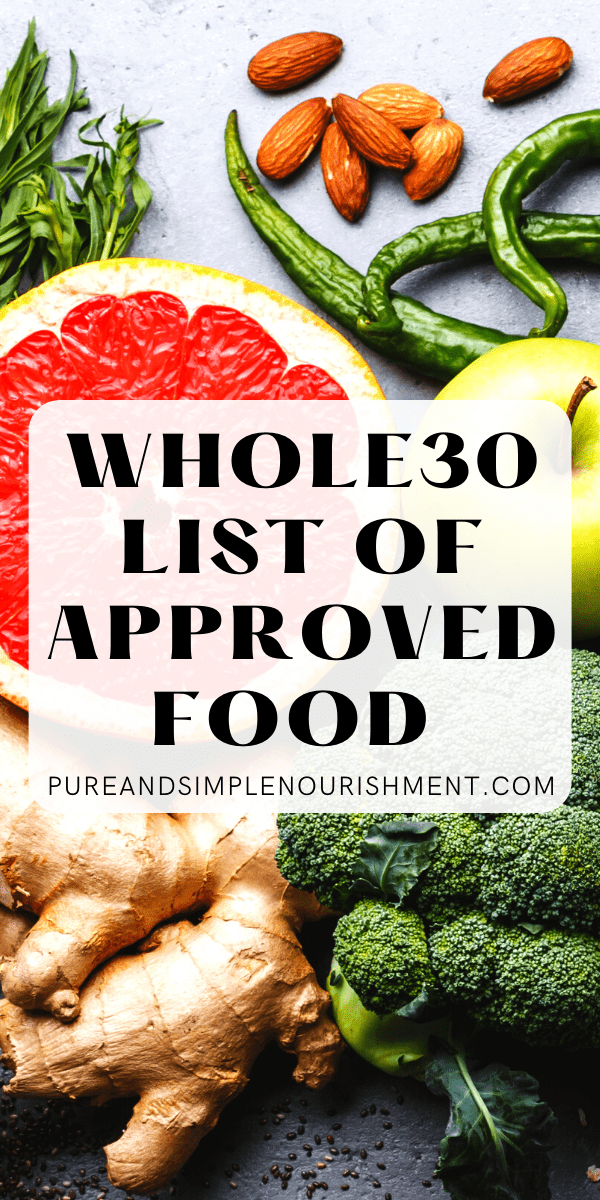 A list of whole30 approved food with fruit and veggies in the background