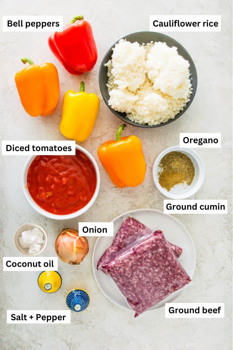 The ingredients needed to make stuffed peppers separated into bowls including cauliflower rice, diced tomatoes, onion, spices and bell peppers.