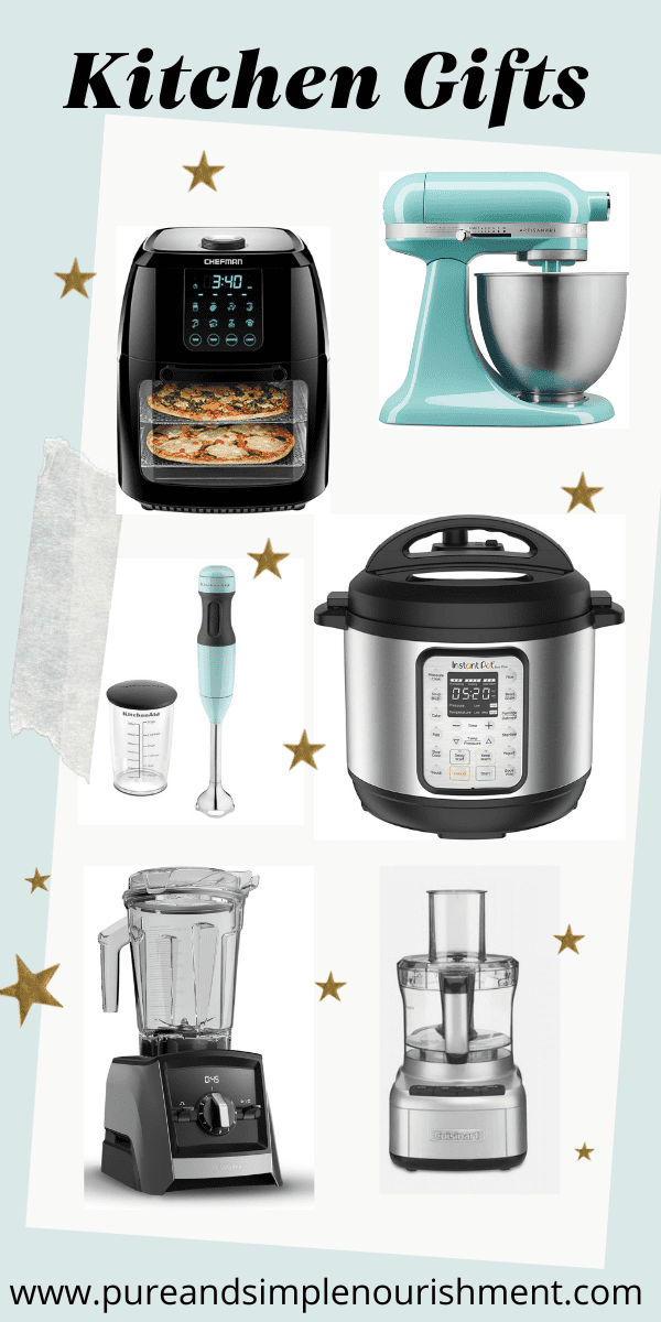 A collage of different kitchen appliances including an air fryer, standing mixer, hand blender, and food processor.