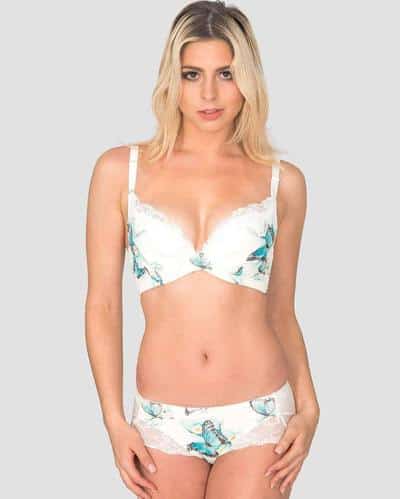 Aa woman wearing Julie May underwear and bra with a butterfly print | Ethical and Sustainable Underwear Brands