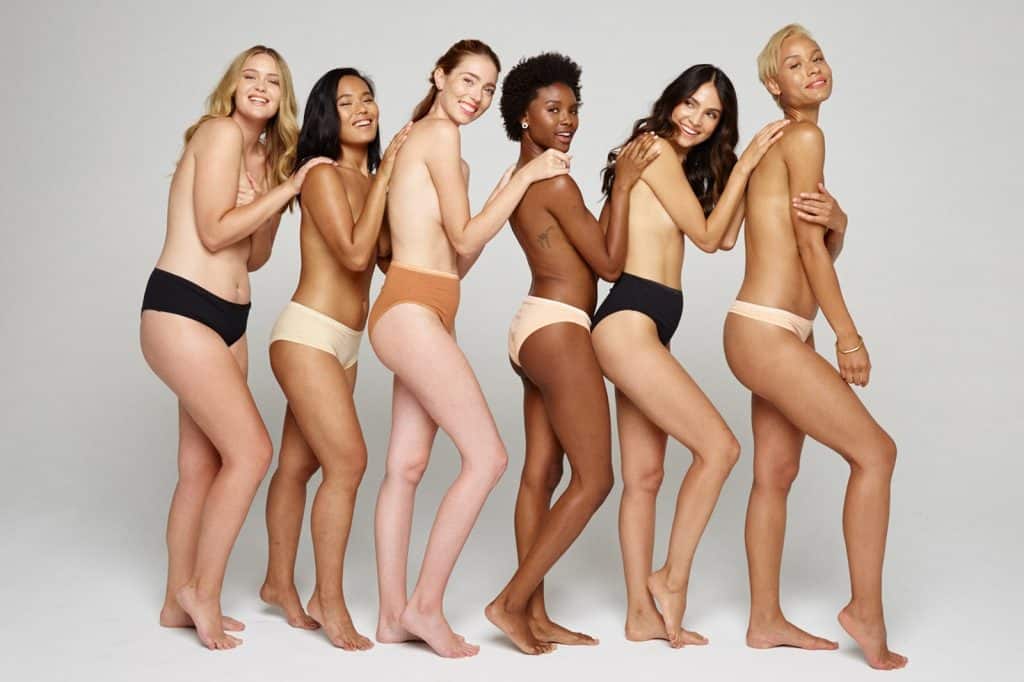 Six women wearing Subset underwear  in different colours including nude, black, white and yellow.