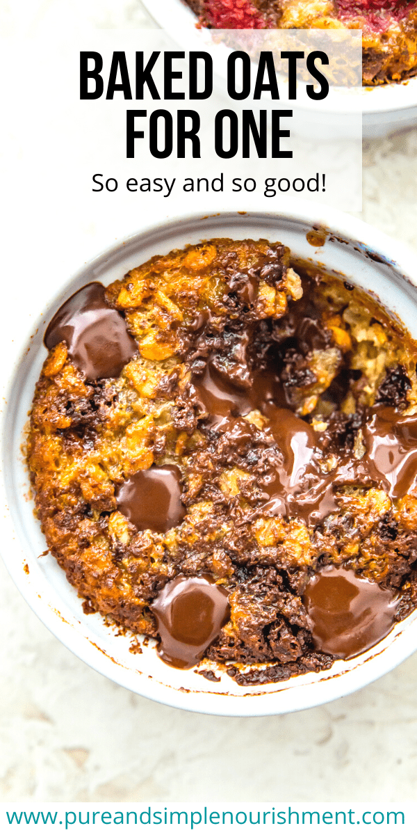 A ramekin filled with baked oatmeal for one topped with chocolate