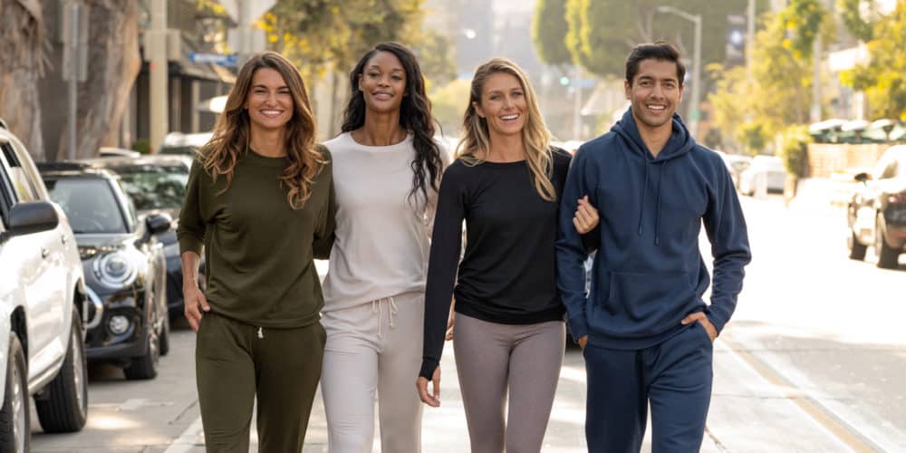 Four people walking in a row down a road, all wearing different sweat suits in different colours including navy blue, white, green and black.