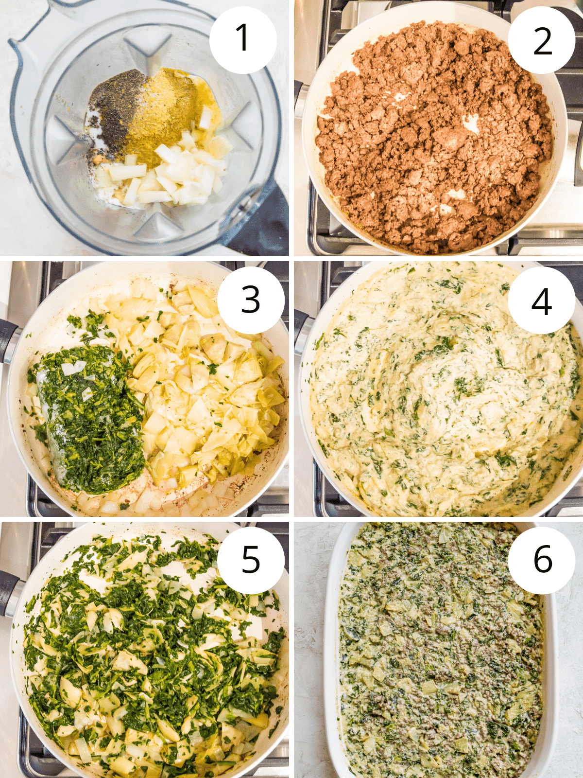 Step by step directions for making a spinach and artichoke ground beef casserole.