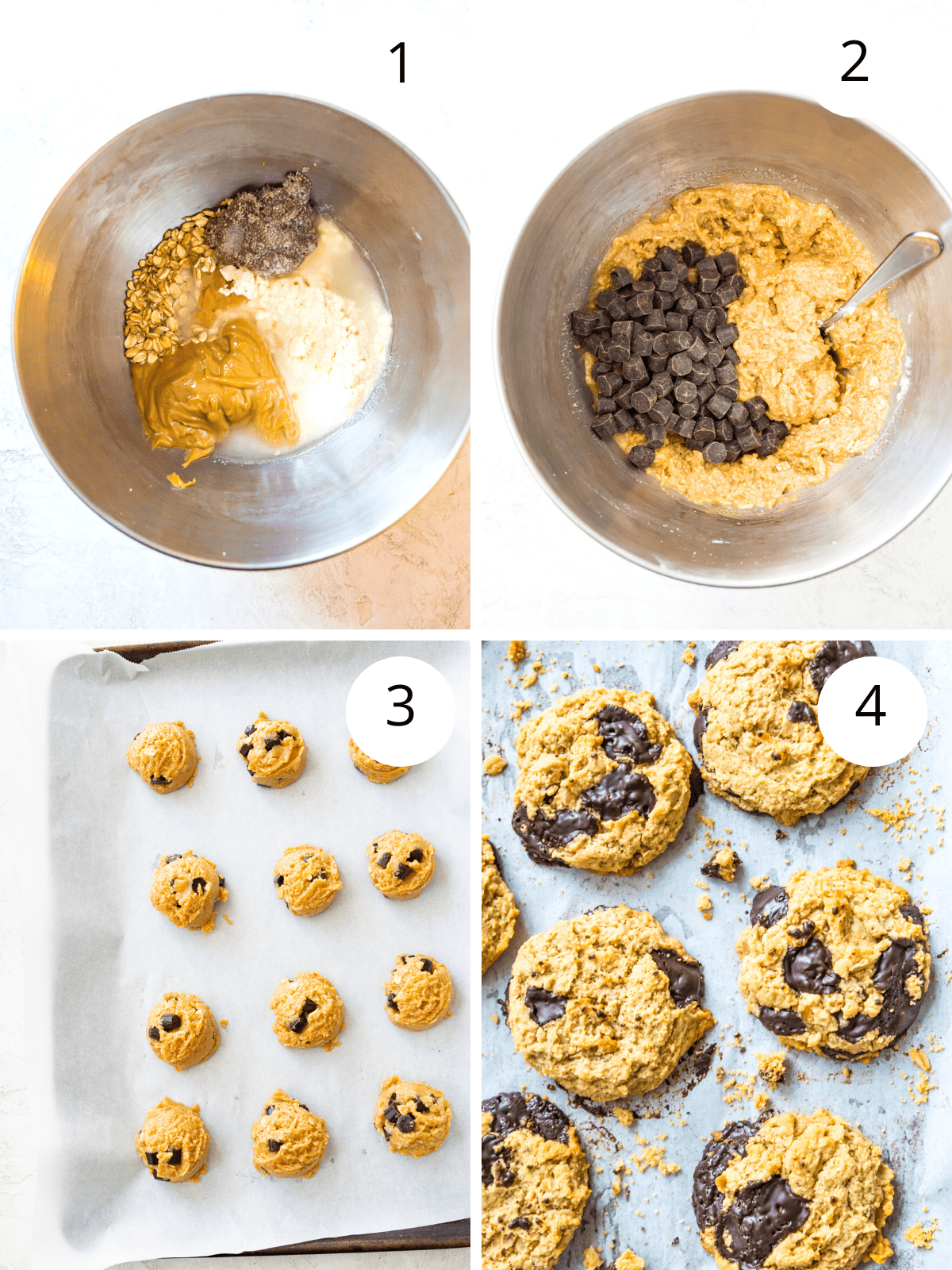 Step by step directions for making plant based protein powder cookies with chocolate.
