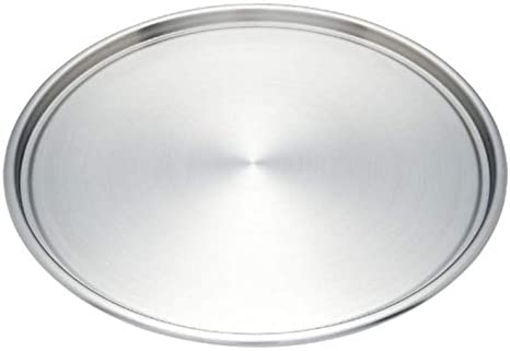 A stainless steel pizza pan. 