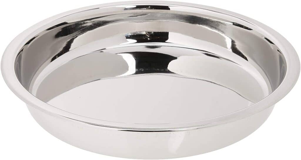 A stainless steel cake pan.