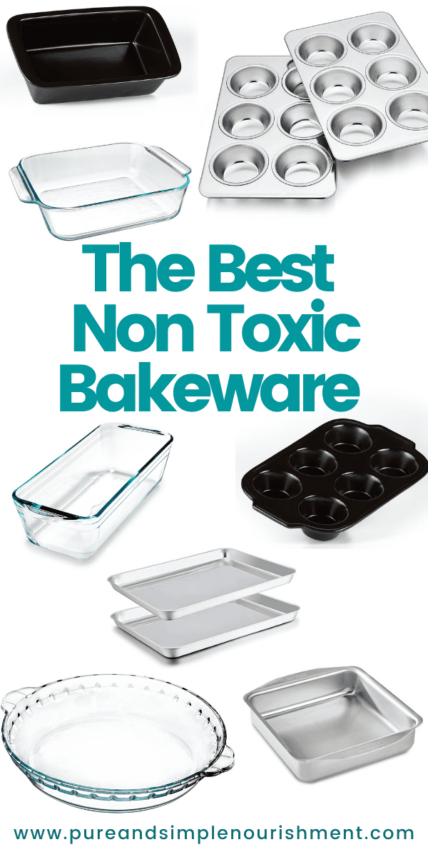 A collage of non toxic bakeware options including muffin trays, pie trays and bread pans. 