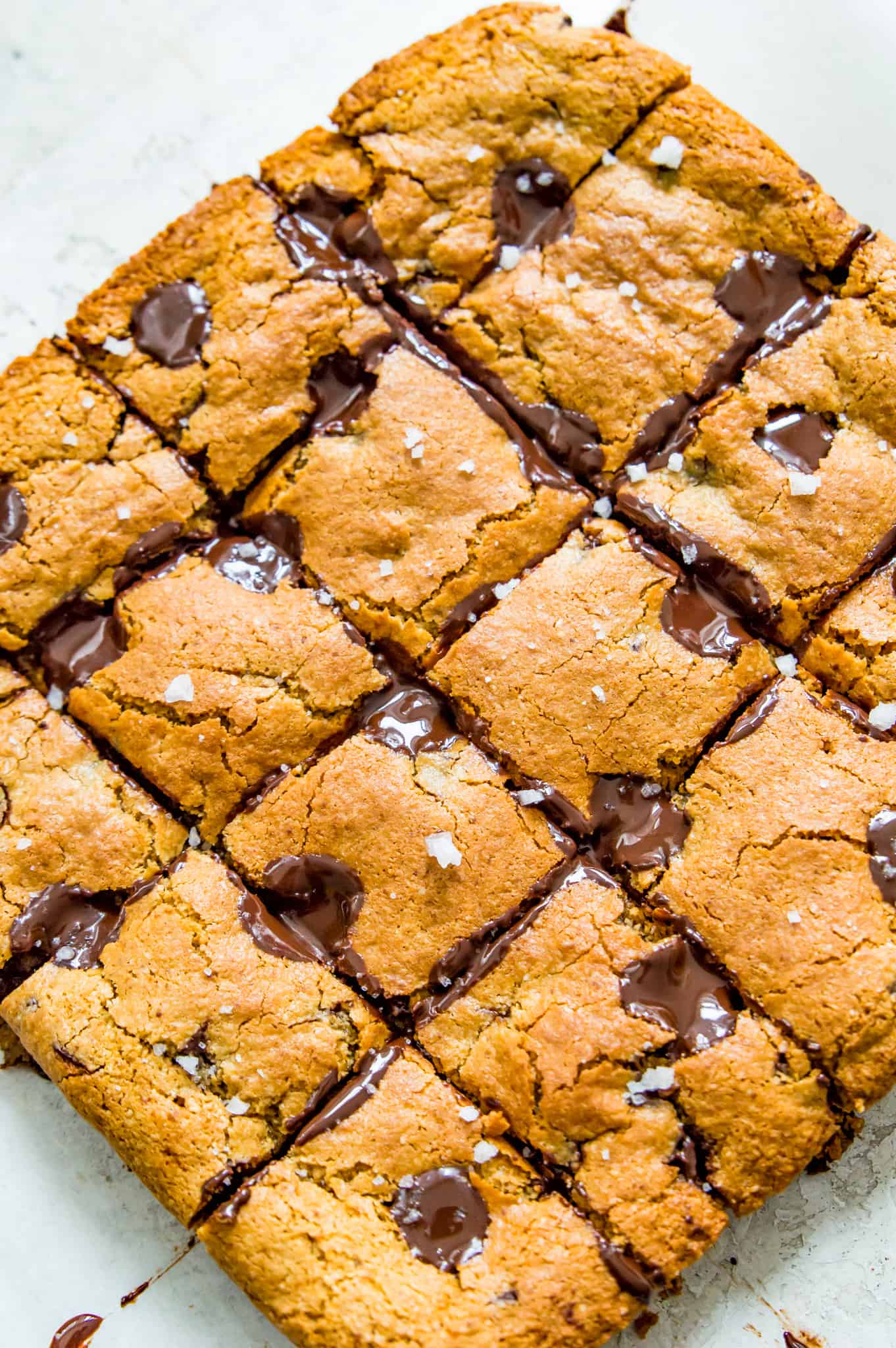 Cut up vegan blondies with melted chocolate and course salt on top.