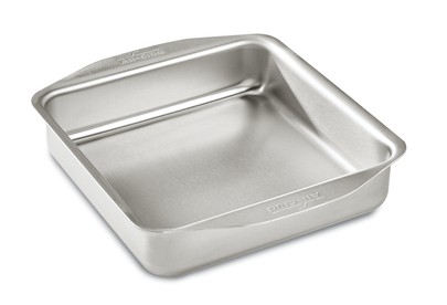 A stainless steel baking pan.