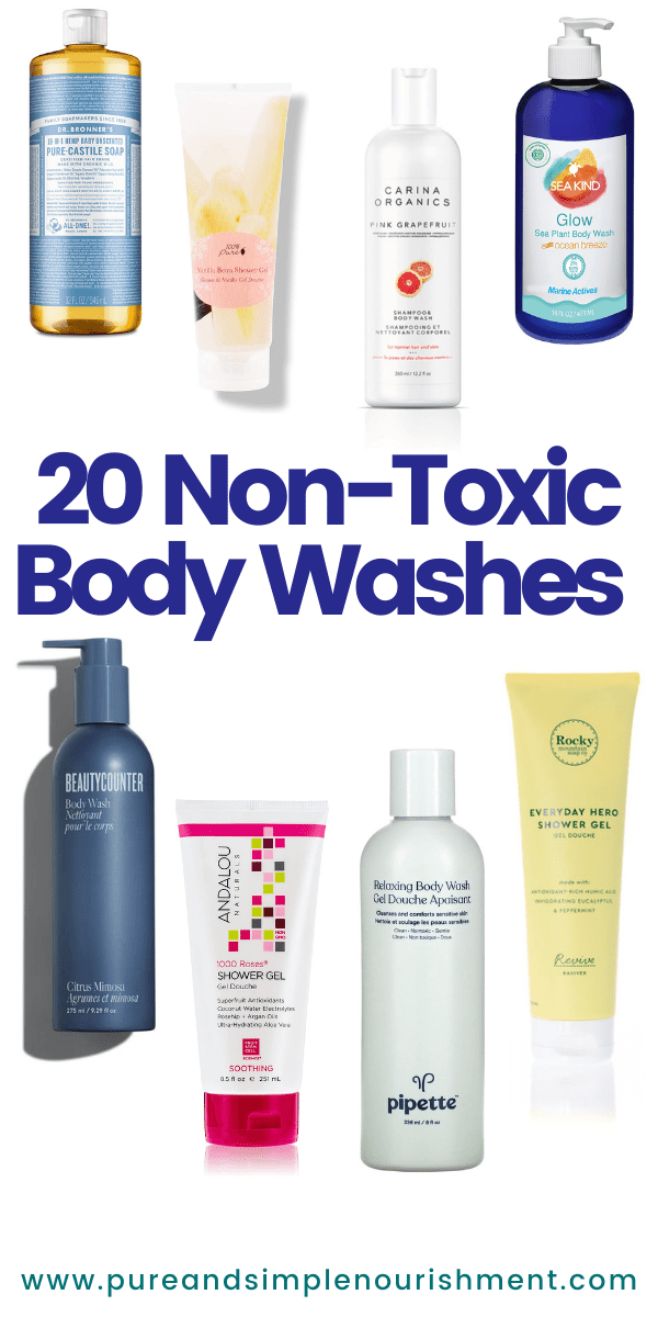 A collage of eight different non toxic body washes. 