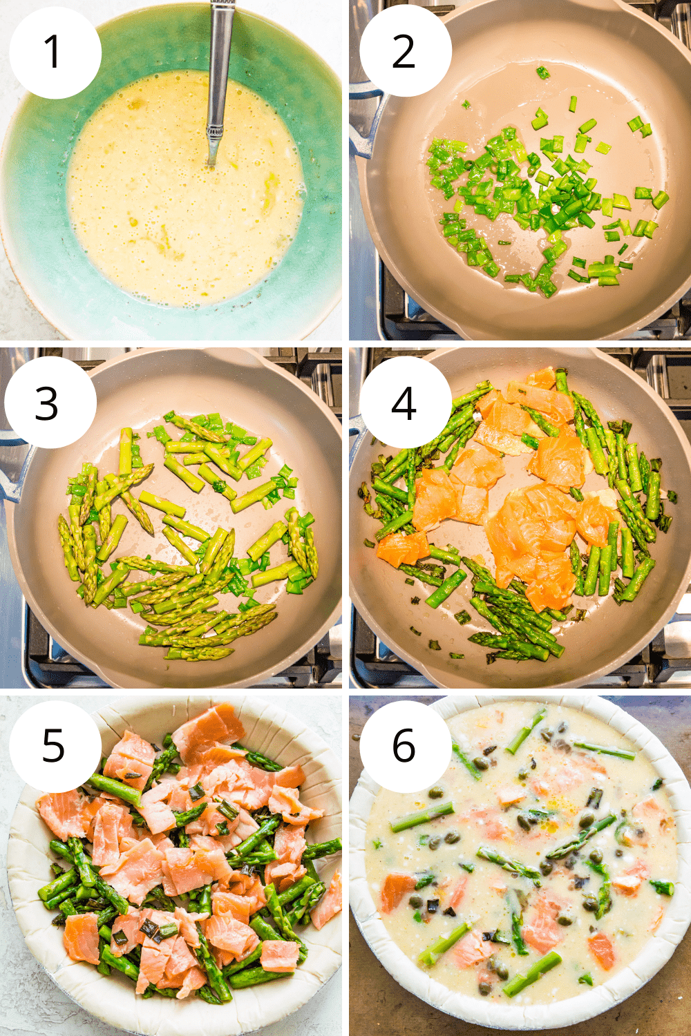 Step by step directions for how to make a quiche with smoked salmon and asparagus.