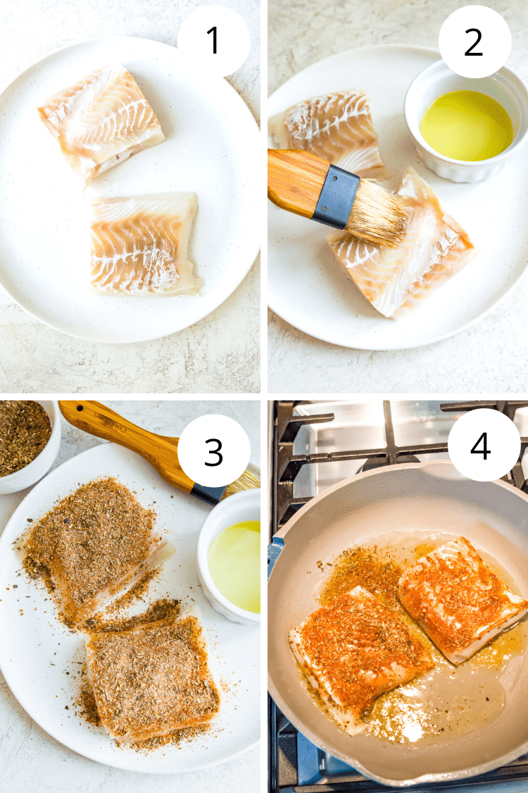 Step by step directions for making blackened cod in a frying pan. 