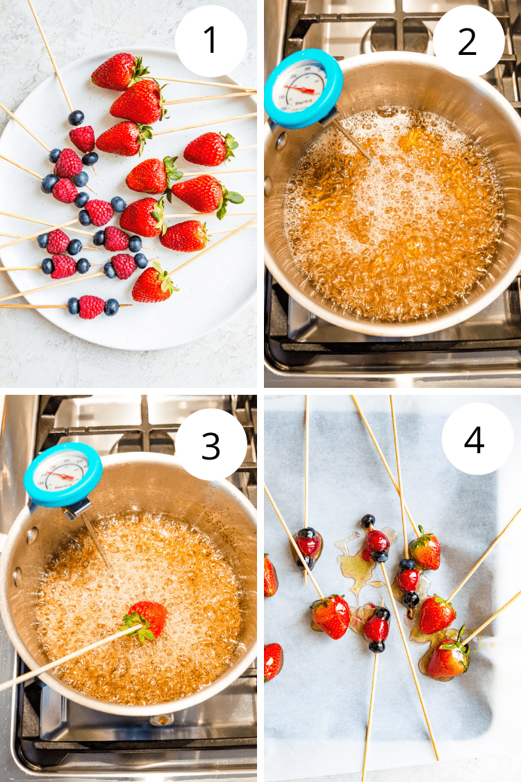 Step by step directions for making Chinese candied fruit in a pot with a candy thermometer.