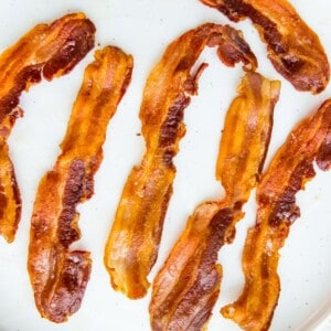 A plate of cooked bacon that was cooked in an Instant pot.