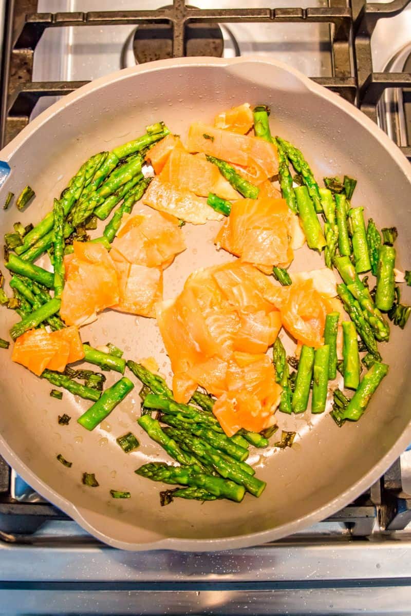 A pan on the stovetop with smoked salmon and chopped asparagus in it.