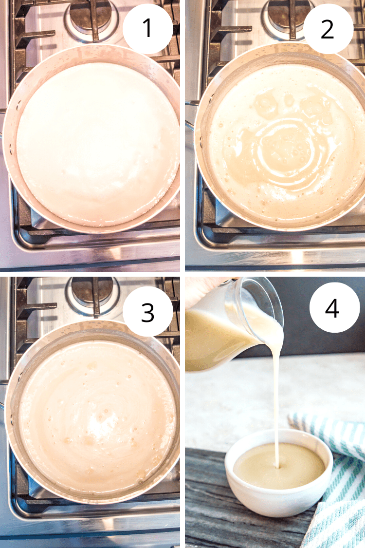 Step by step directions for making coconut condensed milk on the stovetop.
