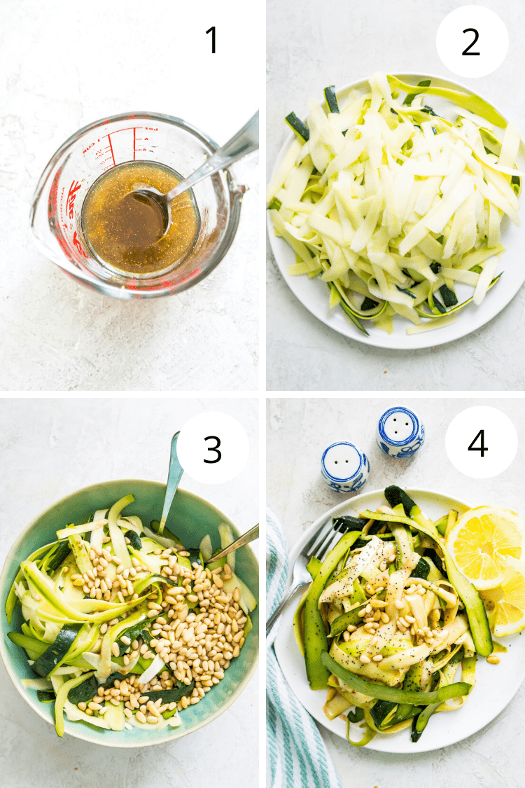 Step by step directions for making a raw zucchini salad. 