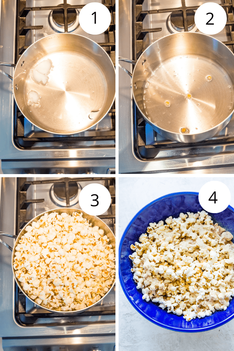 Step by step directions for making vegan popcorn on the stovetop.