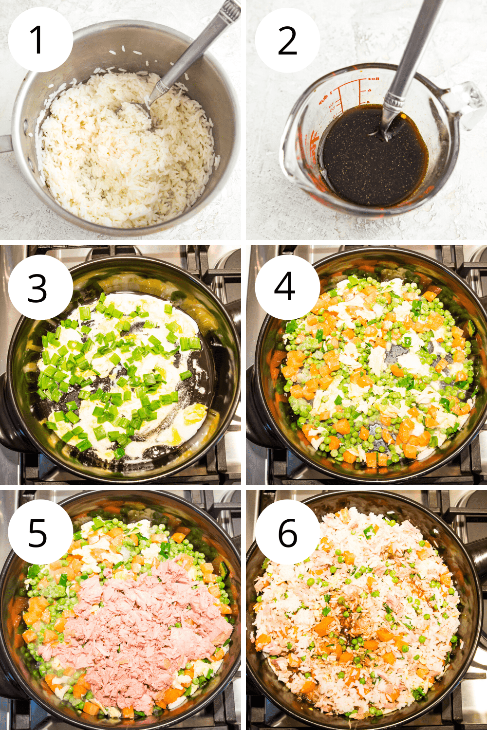 Step by step directions for making tuna fried rice on the stovetop.