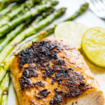 blackened Mahi Mahi on a plate with asparagus