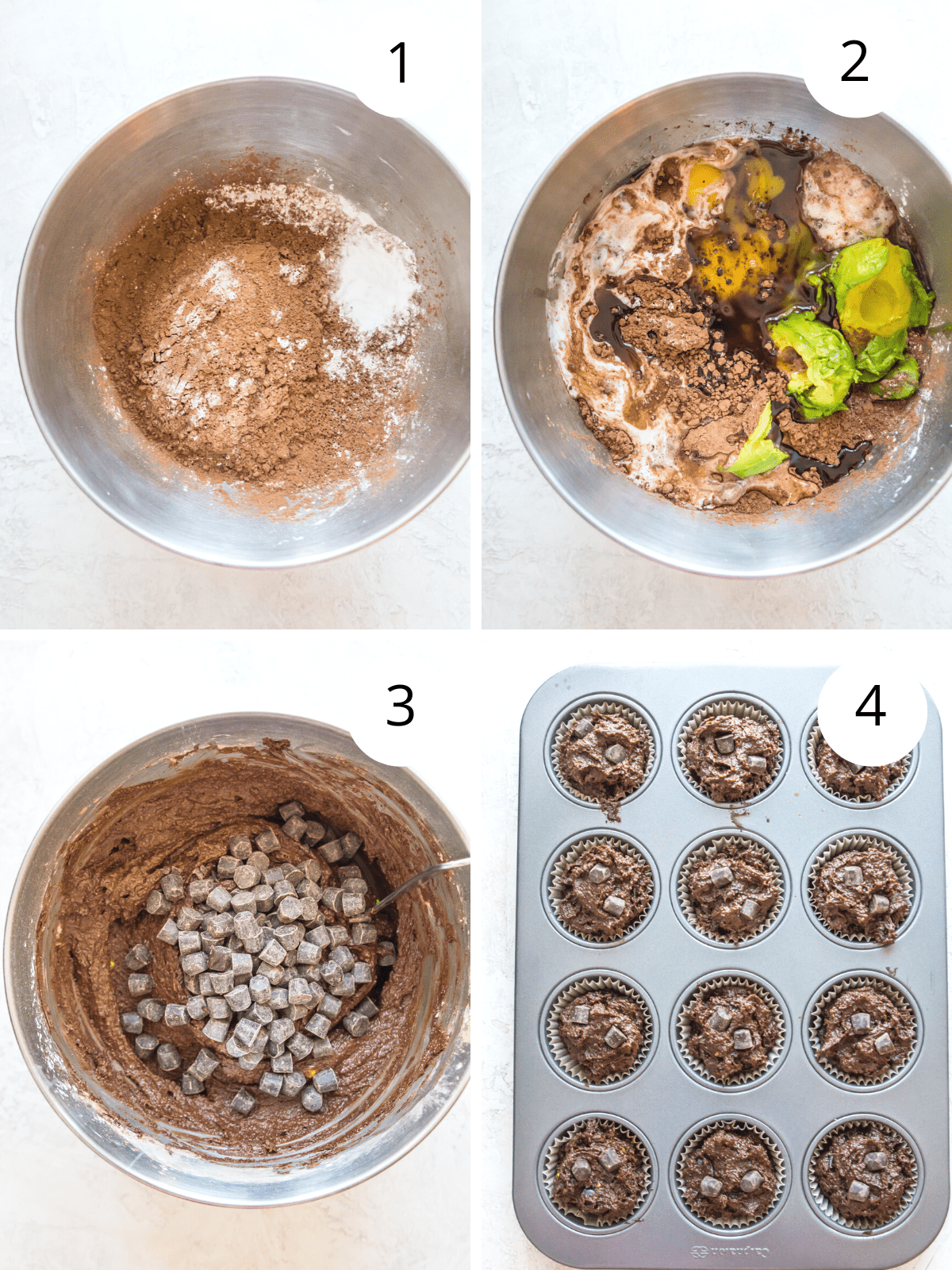 Step by step directions for making chocolate avocado muffins.