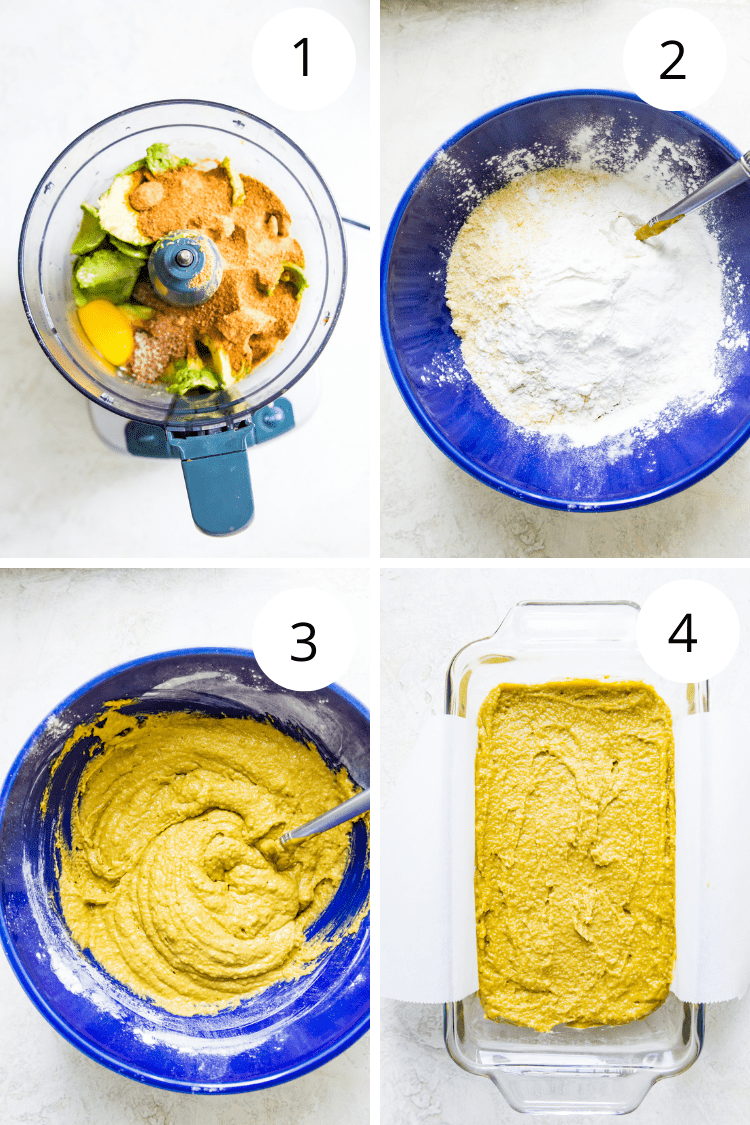 Step by step directions for making avocado bread.