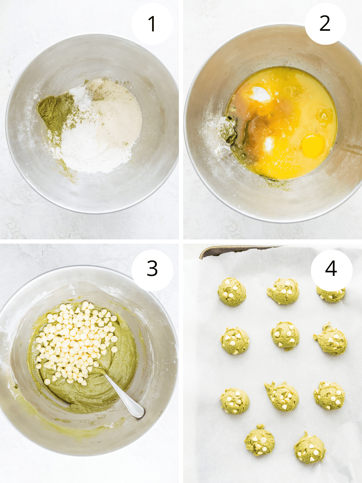 Step by step directions for making matcha cookies.