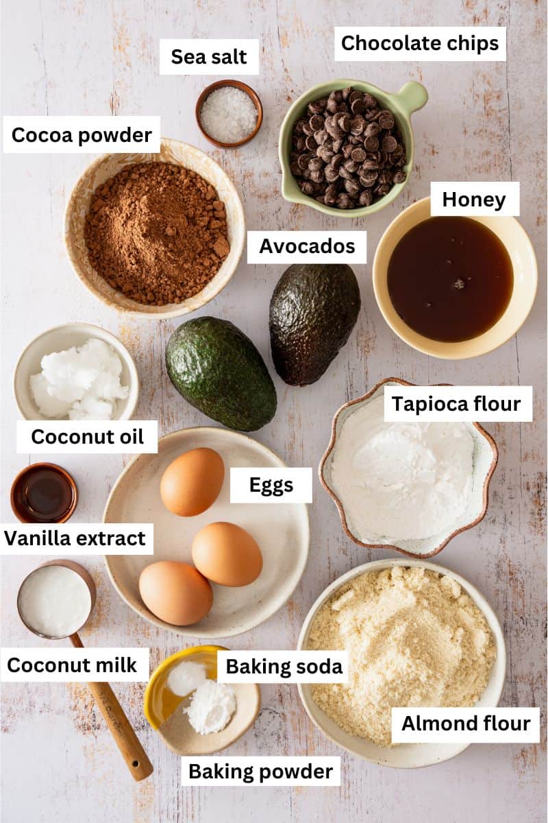 Ingredients for making chocolate avocado muffins separated into bowls including avocados, eggs, cocoa powder, honey, almond flour and chocolate chips.