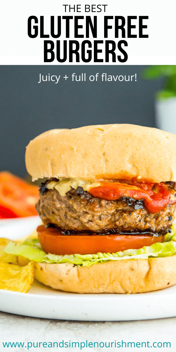 A gluten free burger on a bun with lettuce and tomato