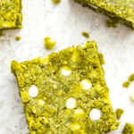 a matcha brownie with white chocolate chips
