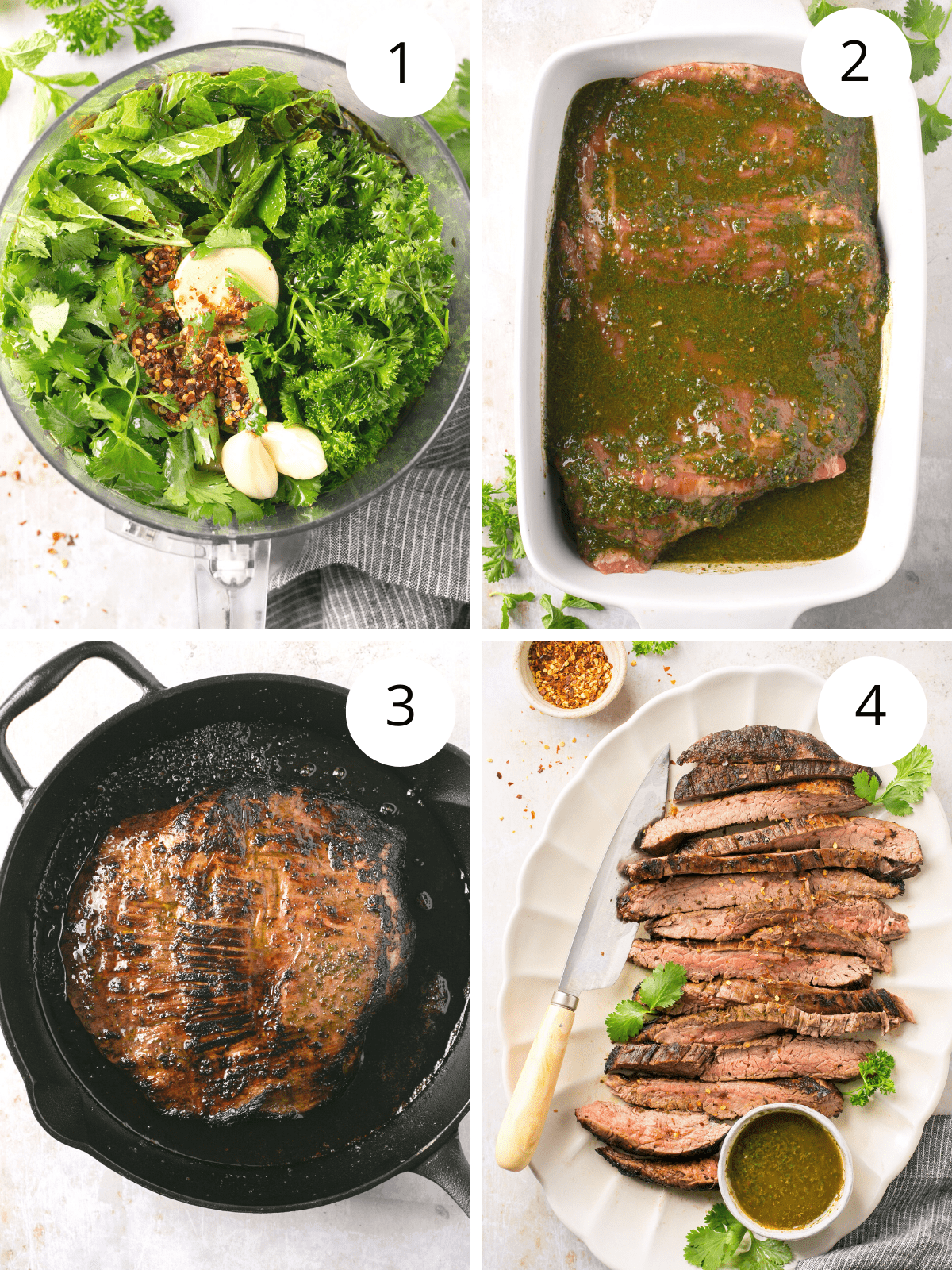 Step by step directions for cooking bavette steak in a cast iron pan.