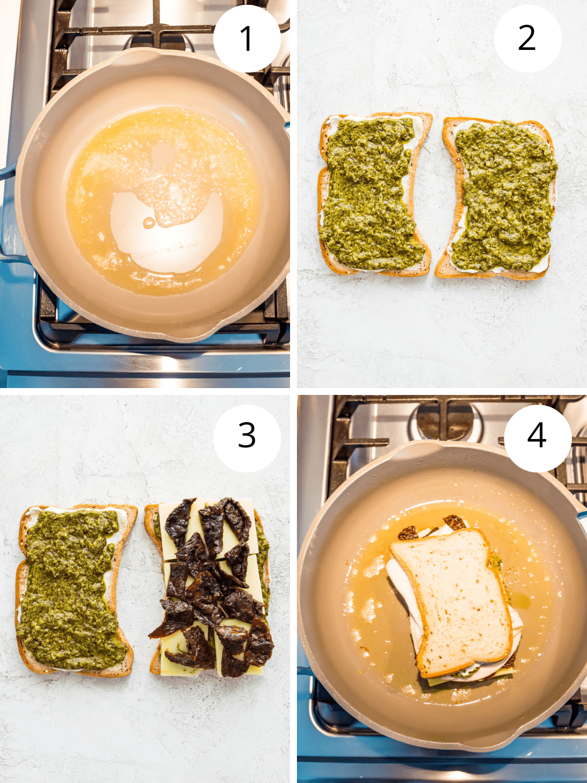 Step by step directions for making a turkey pesto sandwich.