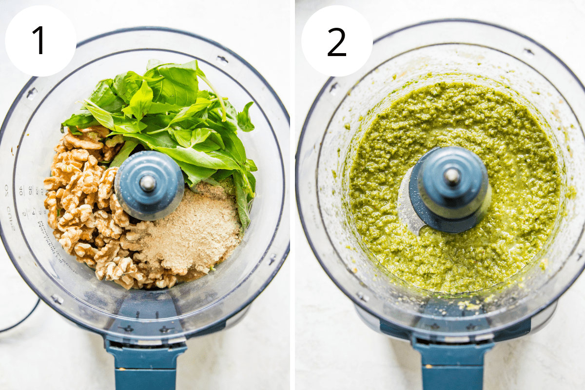 Step by step directions for making vegan walnut pesto in a food processor.